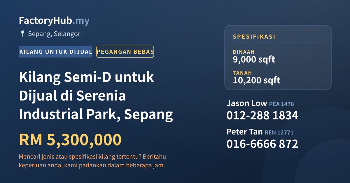 Kilang Untuk Dijual - Kilang Semi-D untuk Dijual di Serenia Industrial Park, Sepang - Sepang, Selangor