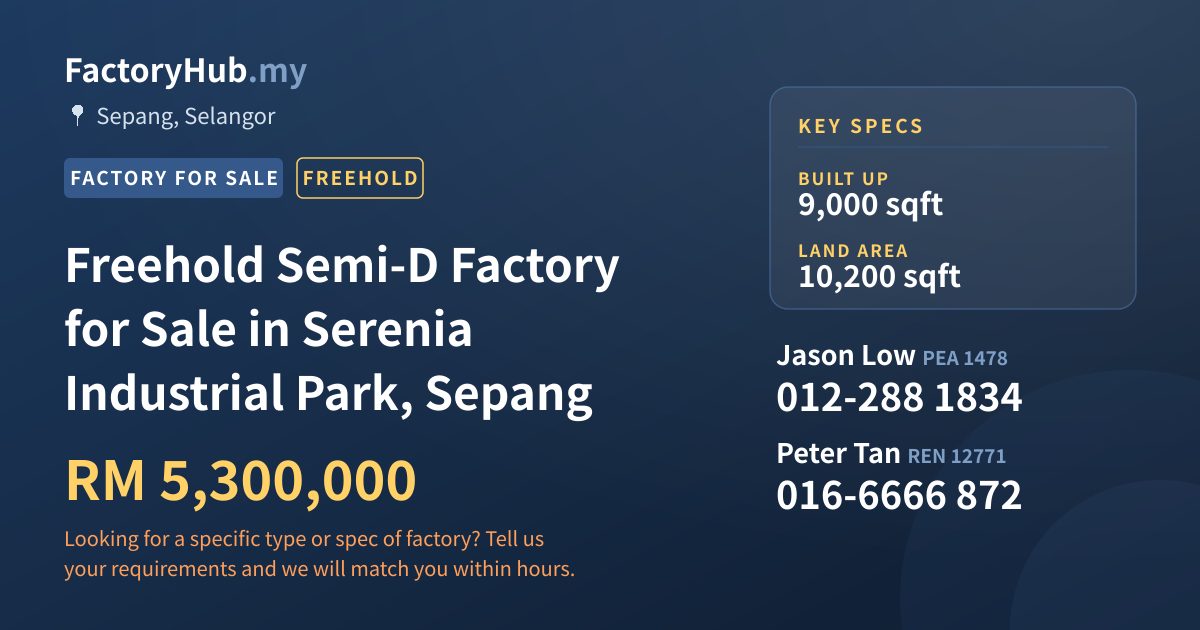 Factory For Sale - Freehold Semi-D Factory for Sale in Serenia Industrial Park, Sepang - Sepang, Selangor