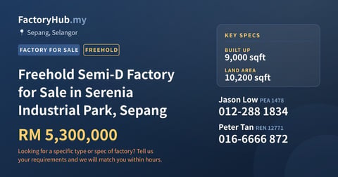 Factory For Sale - Freehold Semi-D Factory for Sale in Serenia Industrial Park, Sepang - Sepang, Selangor