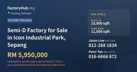 Factory For Sale - Semi-D Factory for Sale in Icon Industrial Park, Sepang - Sepang, Selangor