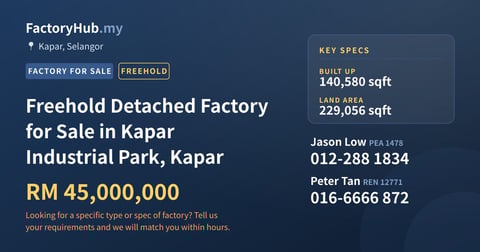 Factory For Sale - Freehold Detached Factory for Sale in Kapar Industrial Park, Kapar - Kapar, Selangor