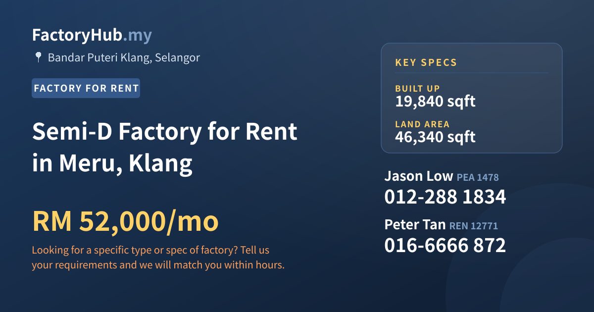 Factory For Rent - Semi-D Factory for Rent in Meru, Klang - Bandar Puteri Klang, Selangor