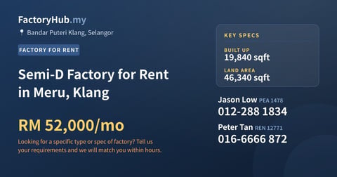 Factory For Rent - Semi-D Factory for Rent in Meru, Klang - Bandar Puteri Klang, Selangor