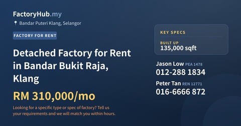 Factory For Rent - Detached Factory for Rent in Bandar Bukit Raja, Klang - Bandar Puteri Klang, Selangor