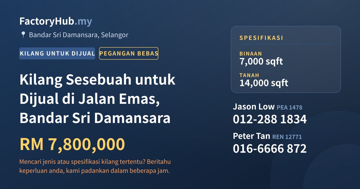 Kilang Untuk Dijual - Kilang Sesebuah untuk Dijual di Jalan Emas, Bandar Sri Damansara - Bandar Sri Damansara, Selangor