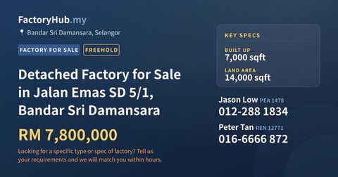 Factory For Sale - Detached Factory for Sale in Jalan Emas SD 5/1, Bandar Sri Damansara - Bandar Sri Damansara, Selangor