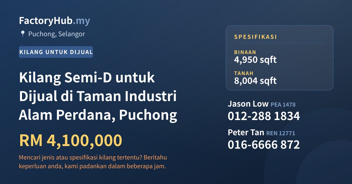 Kilang Untuk Dijual - Kilang Semi-D untuk Dijual di Taman Industri Alam Perdana, Puchong - Puchong, Selangor