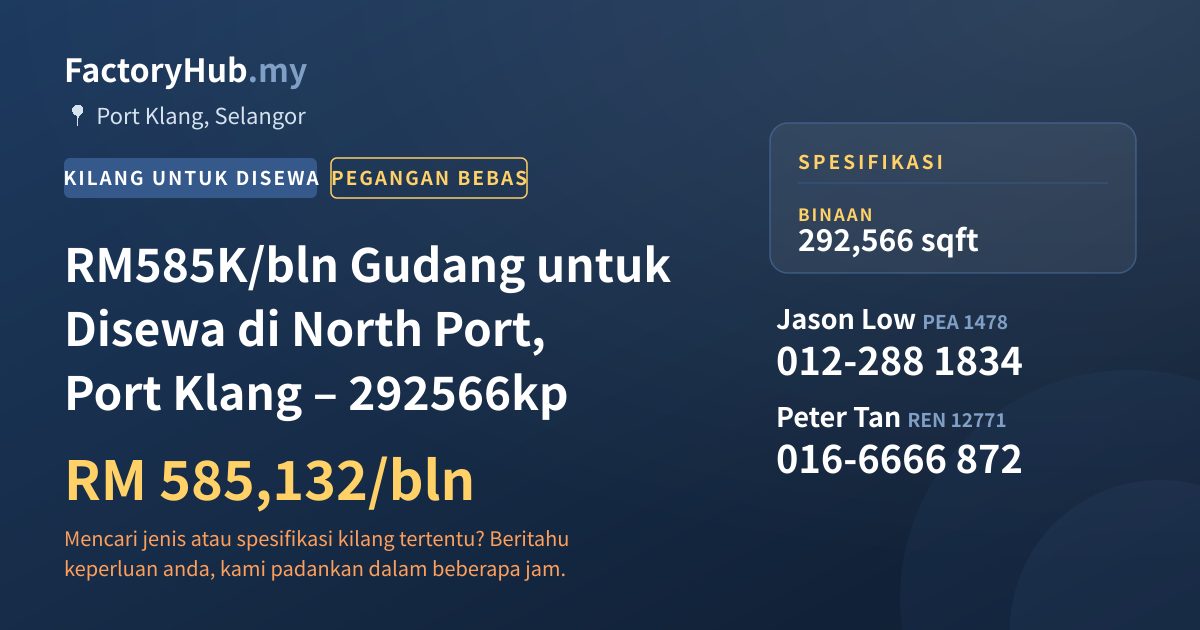 Kilang Untuk Disewa - RM585K/bln Gudang untuk Disewa di North Port, Port Klang – 292566kp - Port Klang, Selangor