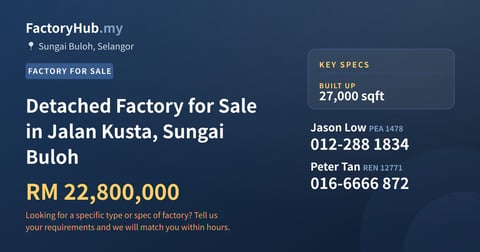 Factory For Sale - Detached Factory for Sale in Jalan Kusta, Sungai Buloh - Sungai Buloh, Selangor