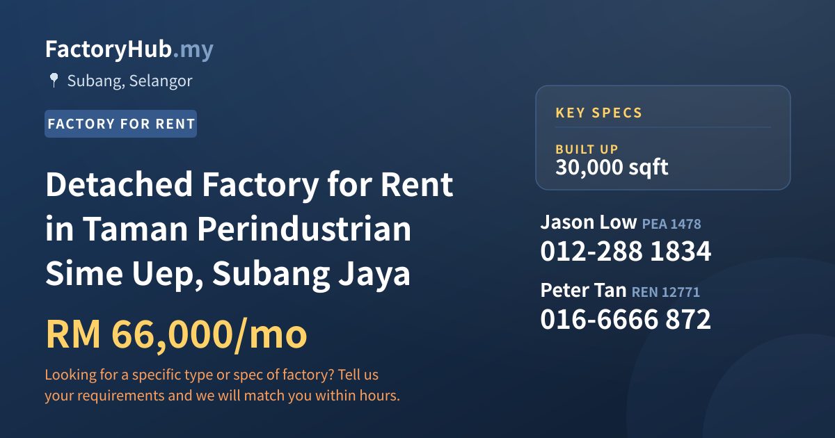 Factory For Rent - Detached Factory for Rent in Taman Perindustrian Sime Uep, Subang Jaya - Subang, Selangor