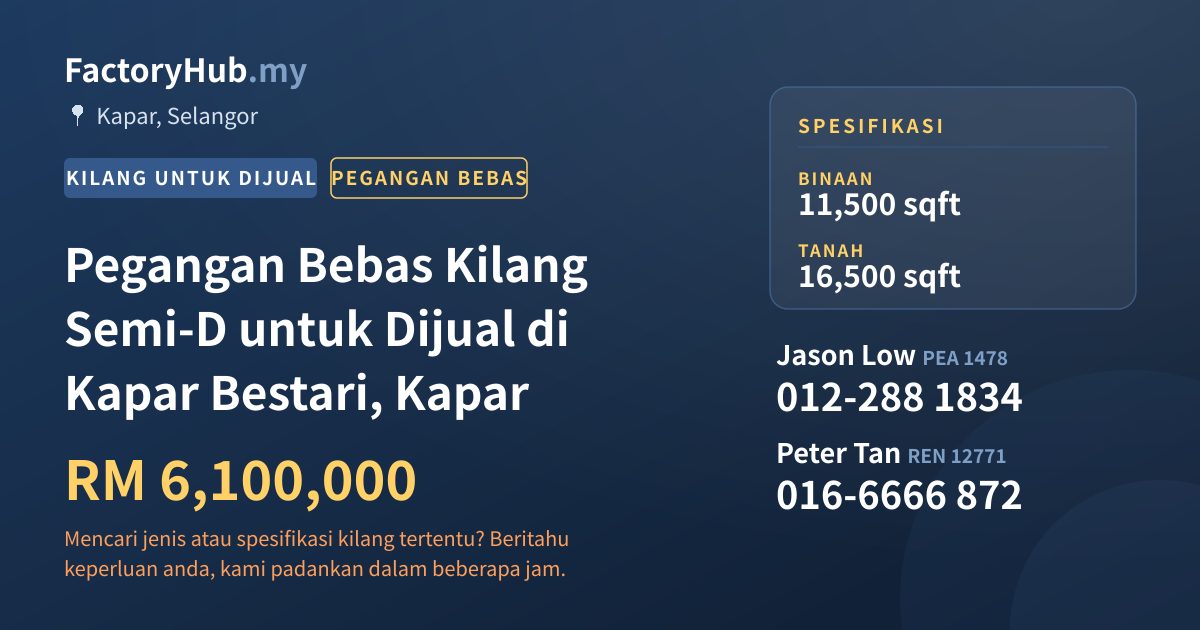 Kilang Untuk Dijual - Pegangan Bebas Kilang Semi-D untuk Dijual di Kapar Bestari, Kapar - Kapar, Selangor
