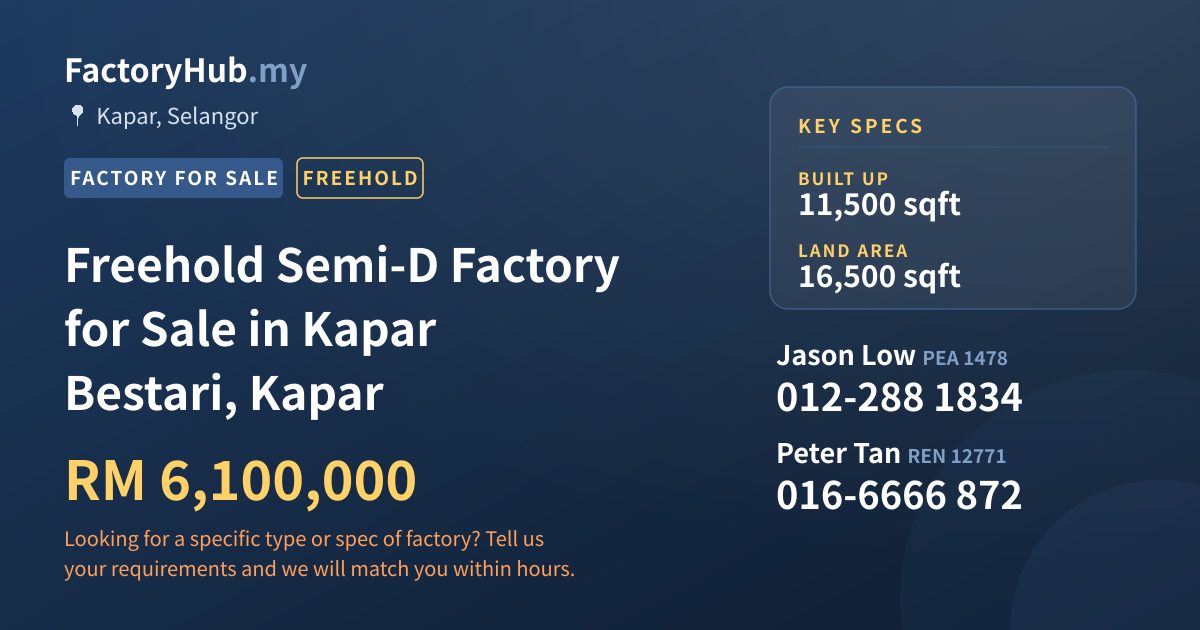 Factory For Sale - Freehold Semi-D Factory for Sale in Kapar Bestari, Kapar - Kapar, Selangor