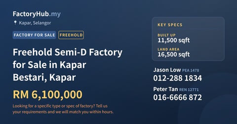Factory For Sale - Freehold Semi-D Factory for Sale in Kapar Bestari, Kapar - Kapar, Selangor