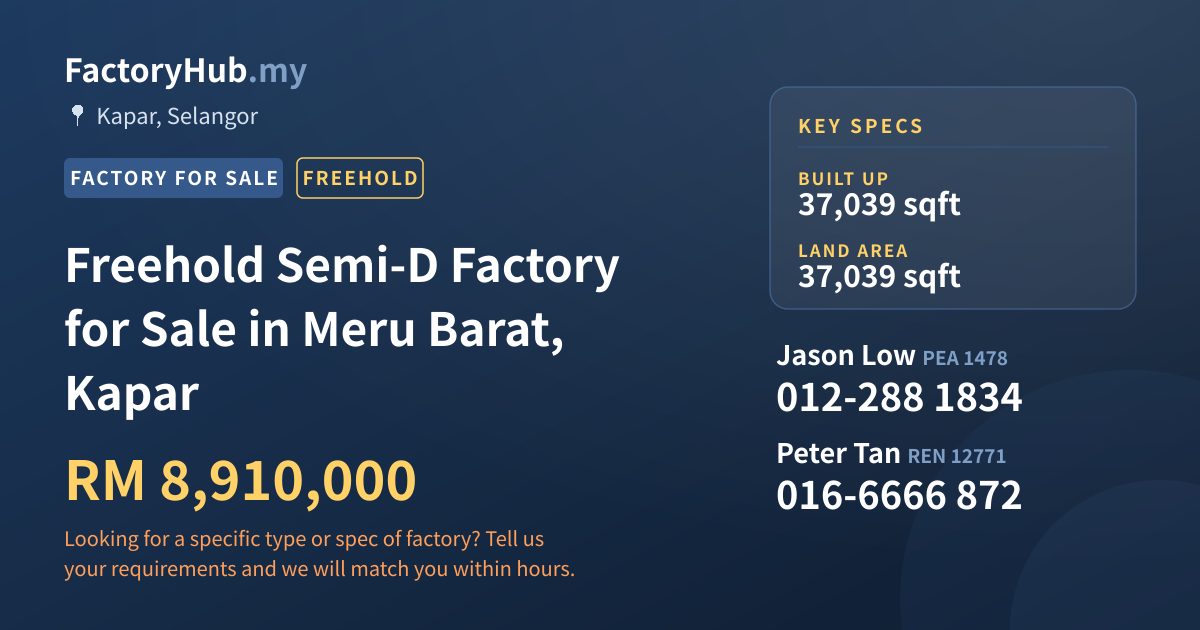 Factory For Sale - Freehold Semi-D Factory for Sale in Meru Barat, Kapar - Kapar, Selangor