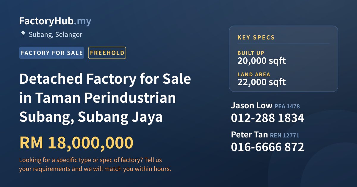 Factory For Sale - Detached Factory for Sale in Taman Perindustrian Subang, Subang Jaya - Subang, Selangor