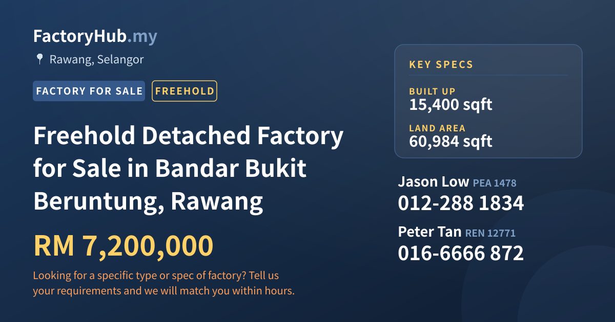 Factory For Sale - Freehold Detached Factory for Sale in Bandar Bukit Beruntung, Rawang - Rawang, Selangor