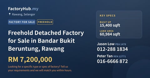 Factory For Sale - Freehold Detached Factory for Sale in Bandar Bukit Beruntung, Rawang - Rawang, Selangor