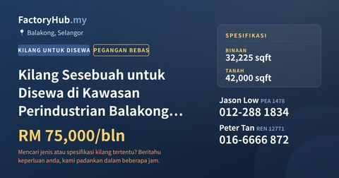 Kilang Untuk Disewa - Kilang Sesebuah untuk Disewa di Kawasan Perindustrian Balakong, Balakong - Balakong, Selangor