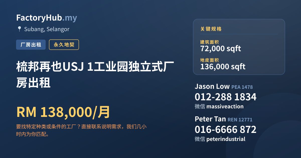 工厂 出租 - 梳邦再也USJ 1工业园独立式厂房出租 - Subang, Selangor