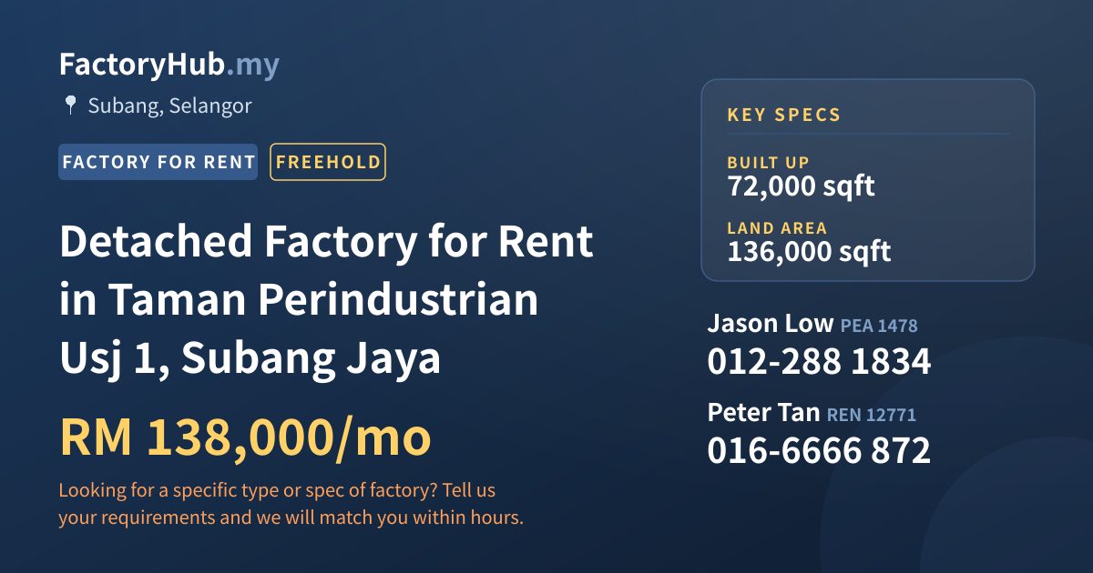 Factory For Rent - Detached Factory for Rent in Taman Perindustrian Usj 1, Subang Jaya - Subang, Selangor