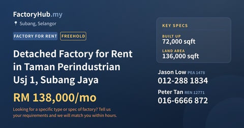 Factory For Rent - Detached Factory for Rent in Taman Perindustrian Usj 1, Subang Jaya - Subang, Selangor