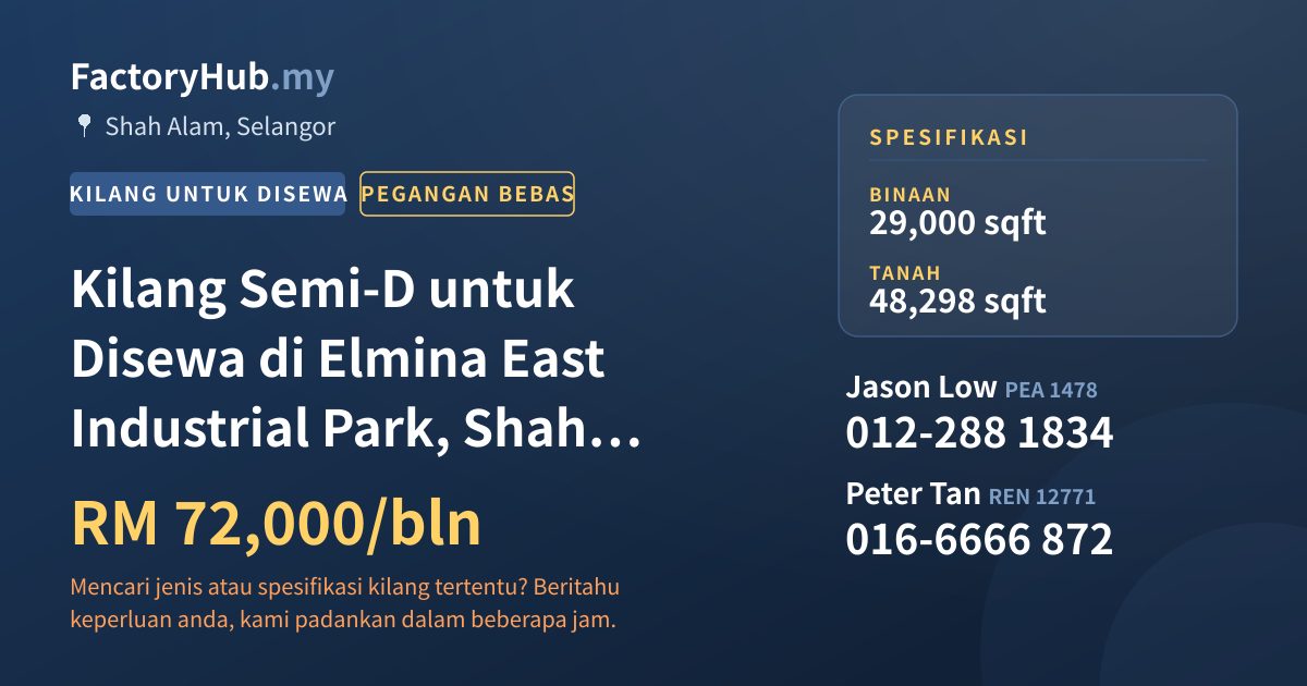 Kilang Untuk Disewa - Kilang Semi-D untuk Disewa di Elmina East Industrial Park, Shah Alam - Shah Alam, Selangor