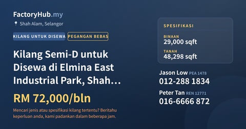 Kilang Untuk Disewa - Kilang Semi-D untuk Disewa di Elmina East Industrial Park, Shah Alam - Shah Alam, Selangor