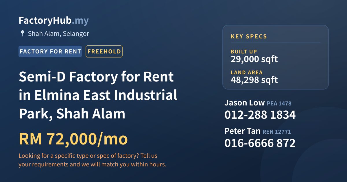 Factory For Rent - Semi-D Factory for Rent in Elmina East Industrial Park, Shah Alam - Shah Alam, Selangor