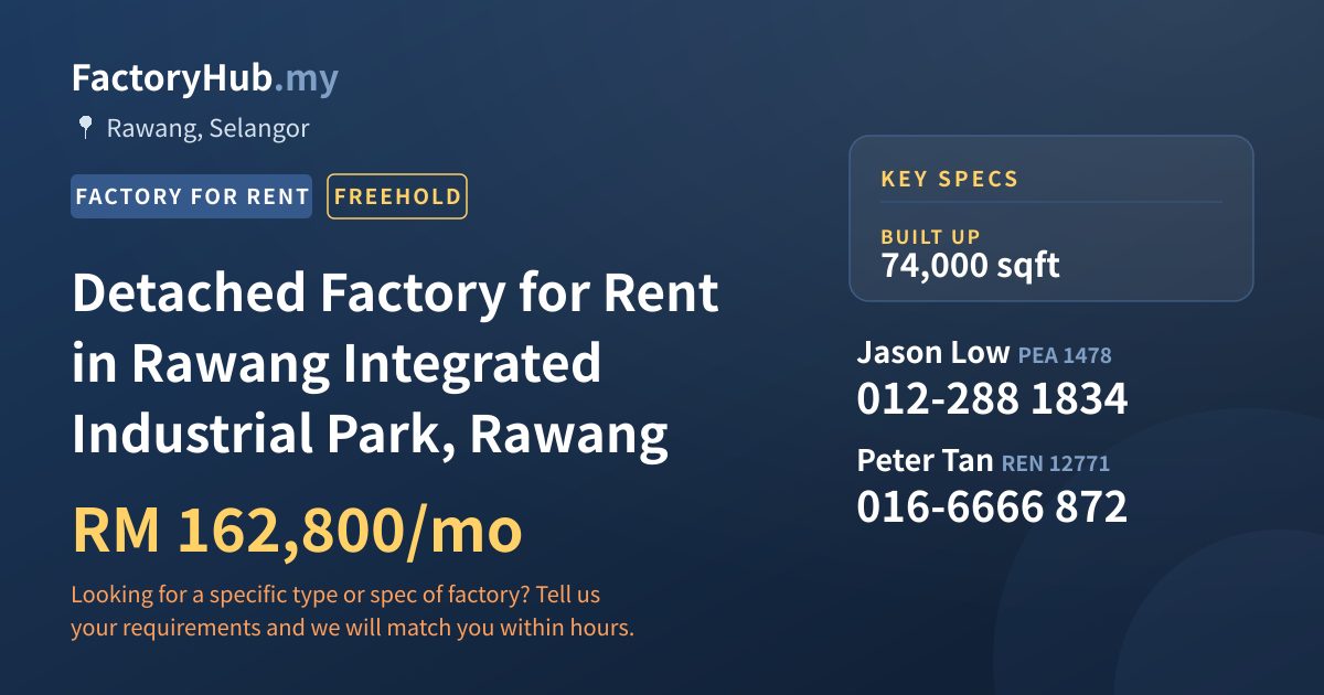 Factory For Rent - Detached Factory for Rent in Rawang Integrated Industrial Park, Rawang - Rawang, Selangor