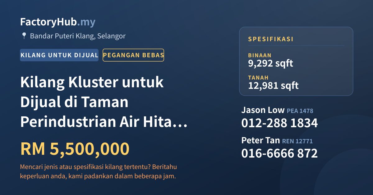 Kilang Untuk Dijual - Kilang Kluster untuk Dijual di Taman Perindustrian Air Hitam, Klang - Bandar Puteri Klang, Selangor