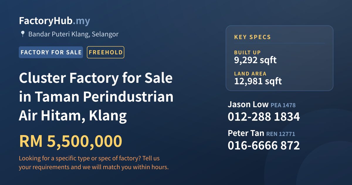 Factory For Sale - Cluster Factory for Sale in Taman Perindustrian Air Hitam, Klang - Bandar Puteri Klang, Selangor