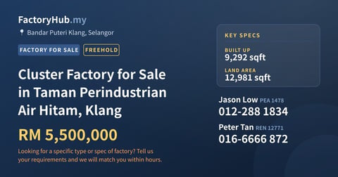 Factory For Sale - Cluster Factory for Sale in Taman Perindustrian Air Hitam, Klang - Bandar Puteri Klang, Selangor