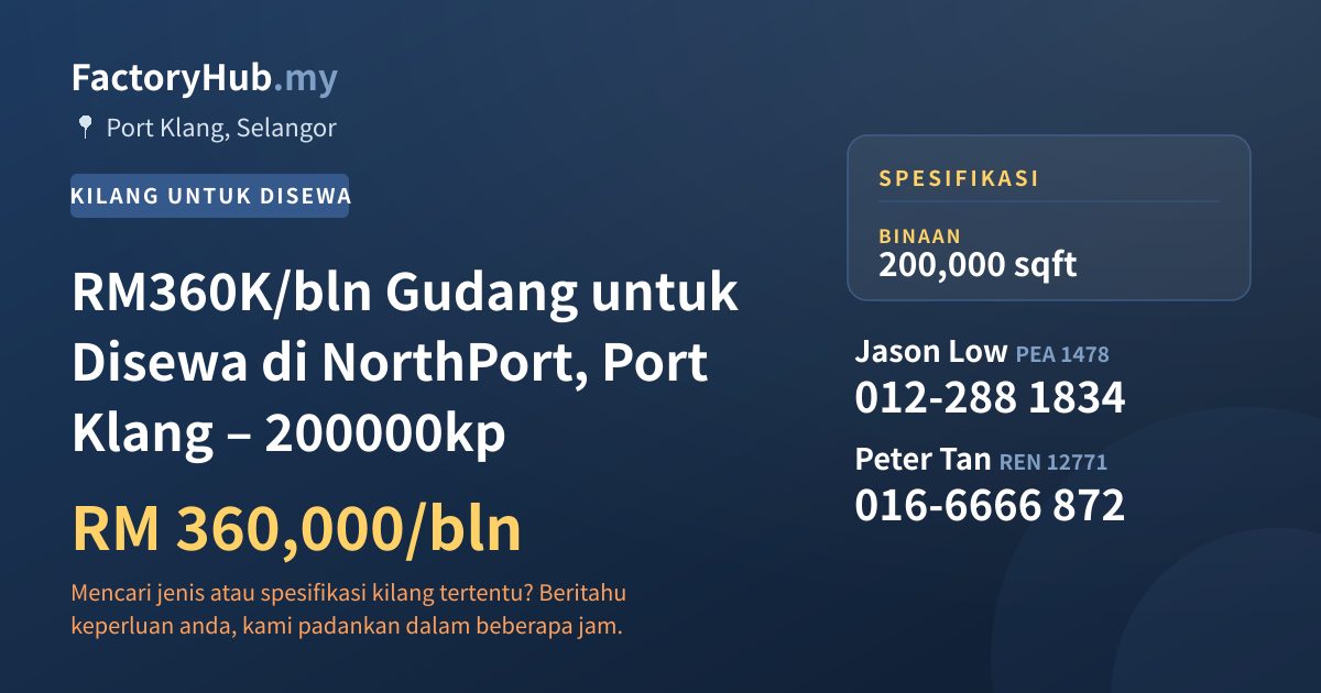Kilang Untuk Disewa - RM360K/bln Gudang untuk Disewa di NorthPort, Port Klang – 200000kp - Port Klang, Selangor