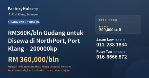 Kilang Untuk Disewa - RM360K/bln Gudang untuk Disewa di NorthPort, Port Klang – 200000kp - Port Klang, Selangor