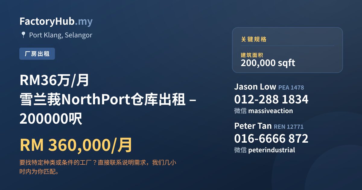 工厂 出租 - RM36万/月 雪兰莪NorthPort仓库出租 – 200000呎 - Port Klang, Selangor
