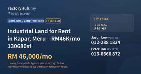 Land For Rent - Industrial Land for Rent in Kapar, Meru – RM46K/mo 130680sf - Kapar, Selangor