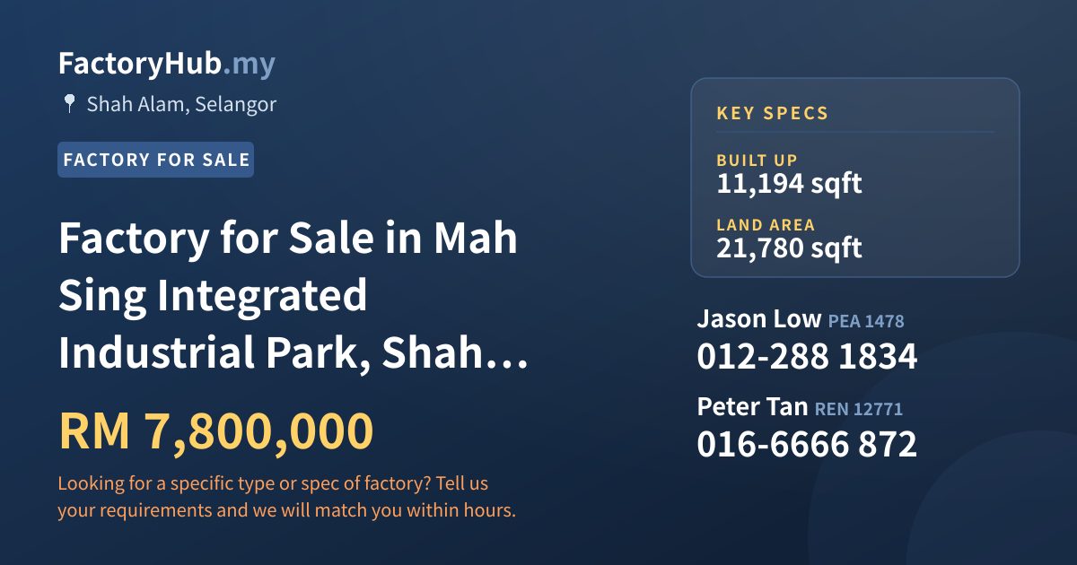 Factory For Sale - Factory for Sale in Mah Sing Integrated Industrial Park, Shah Alam - Shah Alam, Selangor