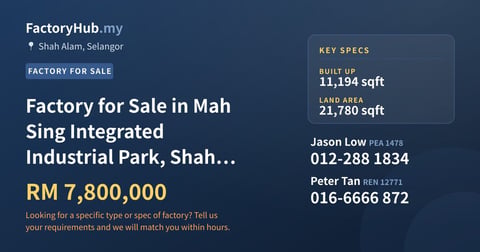Factory For Sale - Factory for Sale in Mah Sing Integrated Industrial Park, Shah Alam - Shah Alam, Selangor