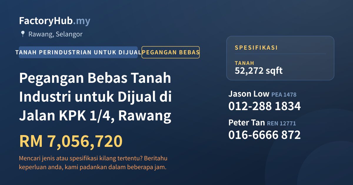 Tanah Untuk Dijual - Pegangan Bebas Tanah Industri untuk Dijual di Jalan KPK 1/4, Rawang - Rawang, Selangor