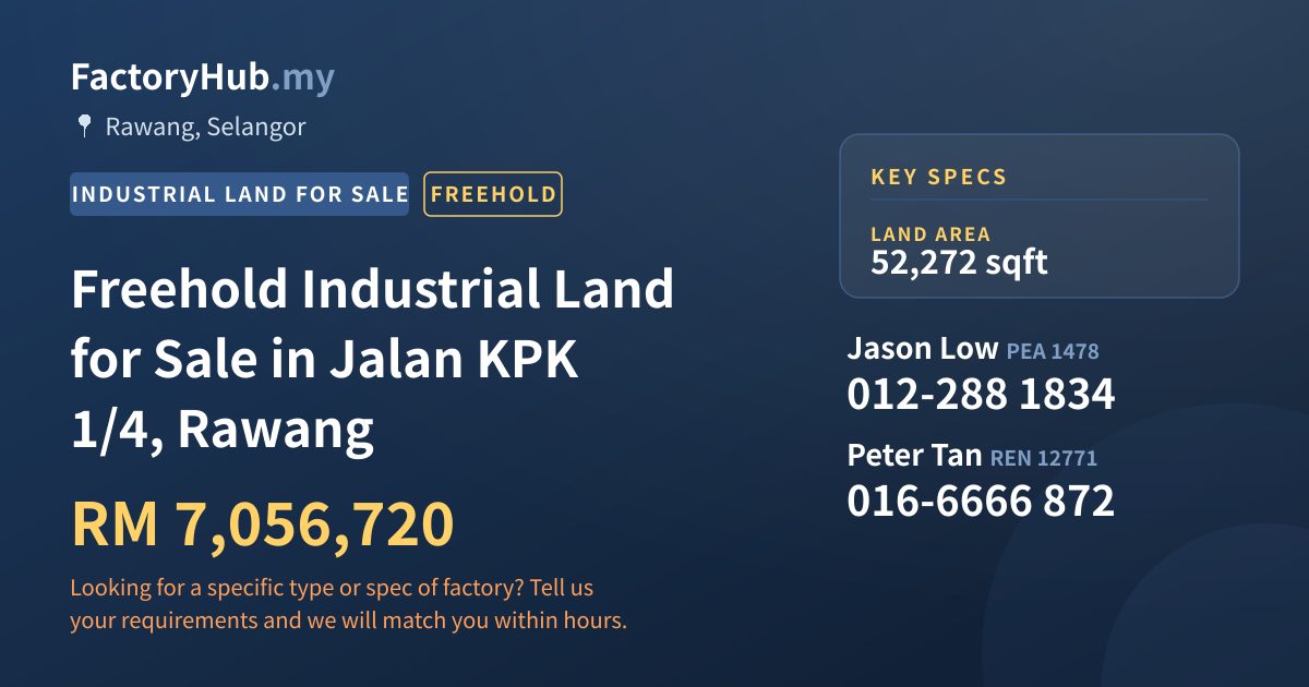 Land For Sale - Freehold Industrial Land for Sale in Jalan KPK 1/4, Rawang - Rawang, Selangor