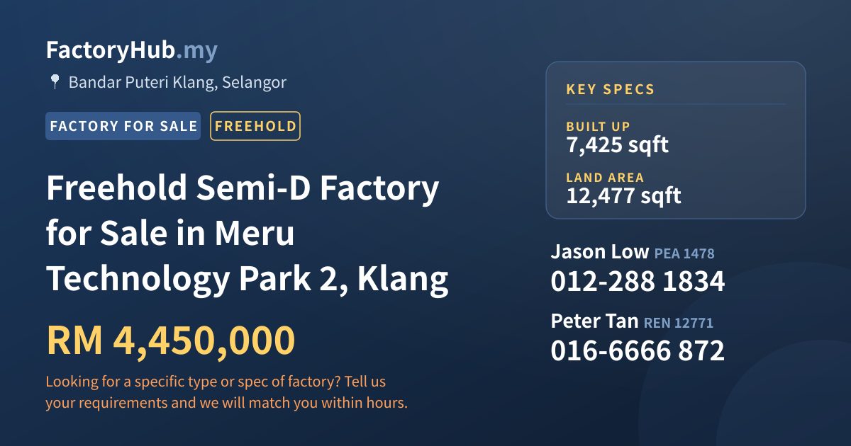 Factory For Sale - Freehold Semi-D Factory for Sale in Meru Technology Park 2, Klang - Bandar Puteri Klang, Selangor