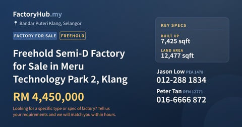 Factory For Sale - Freehold Semi-D Factory for Sale in Meru Technology Park 2, Klang - Bandar Puteri Klang, Selangor
