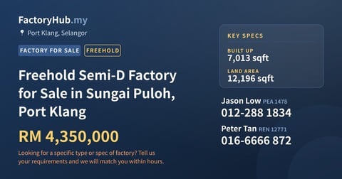 Factory For Sale - Freehold Semi-D Factory for Sale in Sungai Puloh, Port Klang - Port Klang, Selangor