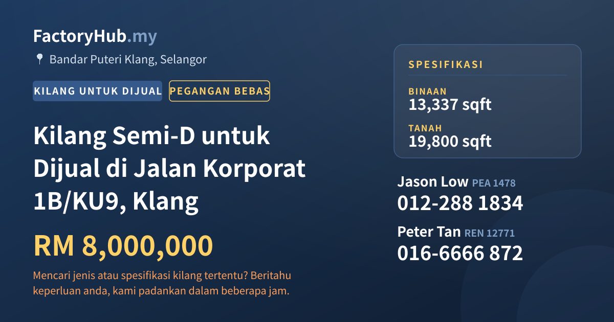 Kilang Untuk Dijual - Kilang Semi-D untuk Dijual di Jalan Korporat 1B/KU9, Klang - Bandar Puteri Klang, Selangor