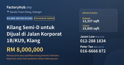Kilang Untuk Dijual - Kilang Semi-D untuk Dijual di Jalan Korporat 1B/KU9, Klang - Bandar Puteri Klang, Selangor