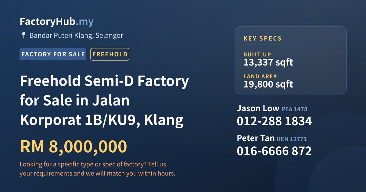 Factory For Sale - Freehold Semi-D Factory for Sale in Jalan Korporat 1B/KU9, Klang - Bandar Puteri Klang, Selangor