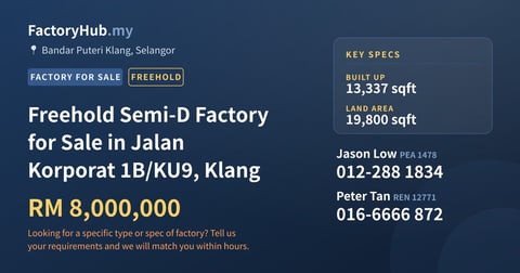 Factory For Sale - Freehold Semi-D Factory for Sale in Jalan Korporat 1B/KU9, Klang - Bandar Puteri Klang, Selangor