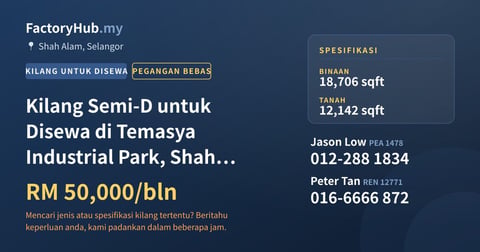 Kilang Untuk Disewa - Kilang Semi-D untuk Disewa di Temasya Industrial Park, Shah Alam - Shah Alam, Selangor