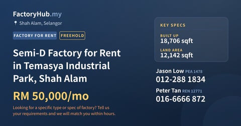 Factory For Rent - Semi-D Factory for Rent in Temasya Industrial Park, Shah Alam - Shah Alam, Selangor