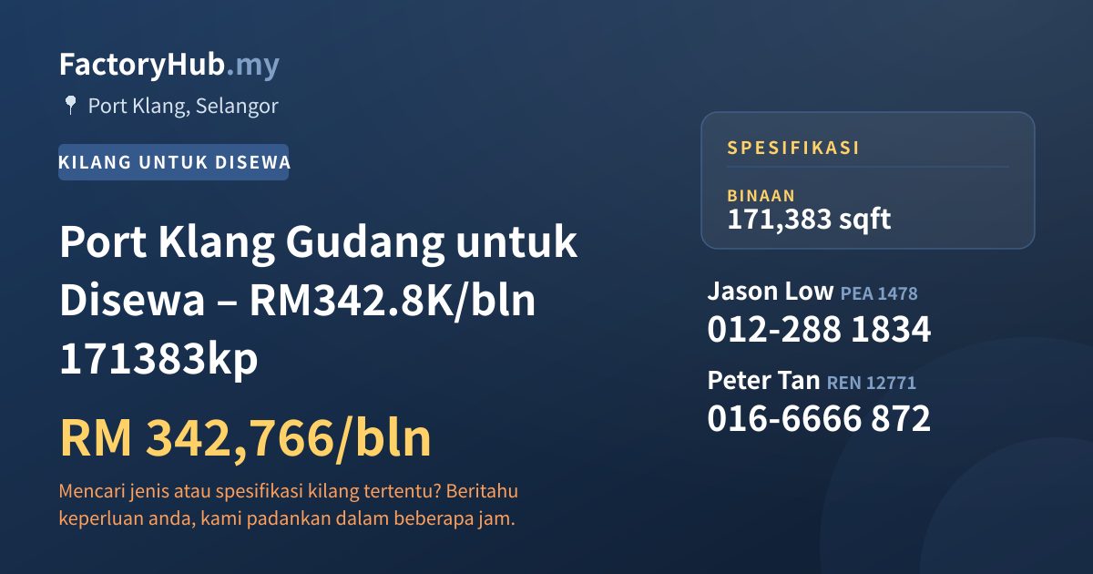 Kilang Untuk Disewa - Port Klang Gudang untuk Disewa – RM342.8K/bln 171383kp - Port Klang, Selangor